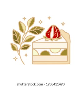 Hand drawn matcha green tea cake, pastry, bakery and cafe logo elements with floral leaf and strawberry fruit isolated on white background