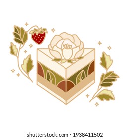 Pastel de té verde matcha dibujado a mano, pastelería, panadería y elementos del logo de café con flores de peonía, hojas de flores y frutos de fresa aislados en fondo blanco