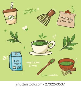 Hand drawn matcha and green tea doodle set in soft pastel colors. Cute Japanese tea ceremony elements, matcha whisk, bowl, latte, and desserts vector illustration.