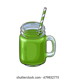 Hand drawn matcha green tea cocktail, drink, smoothie in glass jar, mug served with straw, sketch vector illustration isolated on white background. Hand drawn matcha tea drink in jar shaped mug