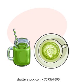 Hand drawn matcha green tea drinks - latte, cappuccino cup and cocktail, smoothie jar, sketch vector illustration with space for text.