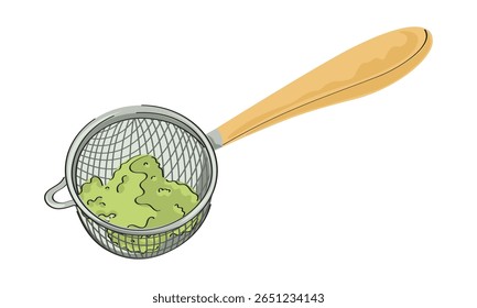Hand drawn matcha powder in metal strainer with wooden handle on white background