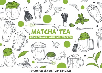 Fundo de chá matcha desenhado à mão. Chás matcha desenhados à mão vetorial em copos com espuma ou creme. Contornos cinzas isolados de bebidas gostosas sobre fundo branco. A ilustração é apenas contorno.