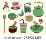 Hand drawn matcha tea elements including cup, whisk, bowl, kettle and drinks. Perfect for cafe branding, menu design and food illustration projects.