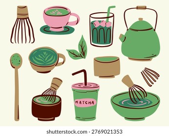 Hand drawn matcha tea elements including cup, whisk, bowl, kettle and drinks. Perfect for cafe branding, menu design and food illustration projects.
