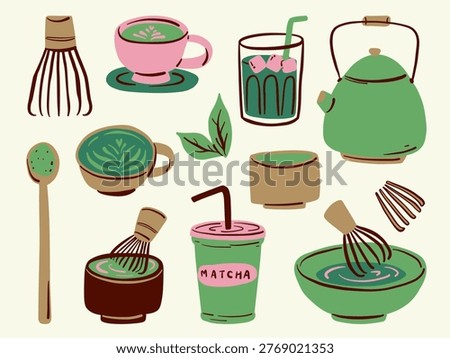 Hand drawn matcha tea elements including cup, whisk, bowl, kettle and drinks. Perfect for cafe branding, menu design and food illustration projects.