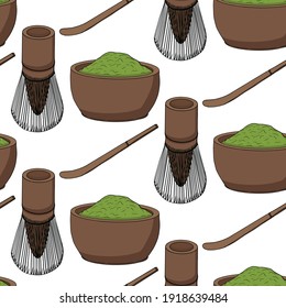 Hand drawn matcha tea seamless pattern in graphic style, vector illustration.