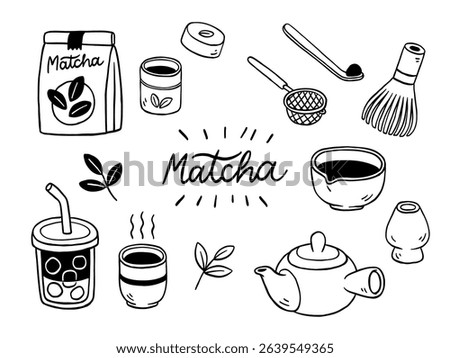 Hand Drawn Matcha Tea Set Collection – Japanese Style Line Art Illustration