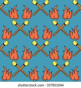 Hand Drawn Matches Illustration Pattern on Blue Background - Camping and Outdoor or Mountain Adventure Doodle Color Seamless Pattern - Hand Drawn Vector Illustration