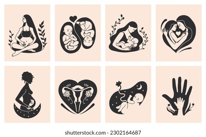 Hand drawn maternity. Motherhood and mother love, pregnant women emblem and woman with child minimal vector illustration set of maternity baby concept