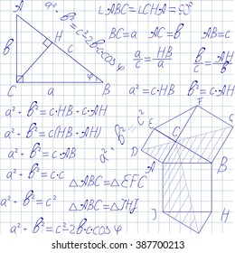 Hand drawn math education vector seamless pattern with geometrical figures and formulas. 