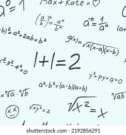 Hand drawn math formula pattern. Vector seamless illustration of education with humor. School blackboard with line elements: mathematical formulas, smiles and lettering. Funny study