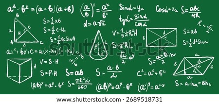 Hand drawn math formulas and geometric diagrams on green chalkboard. Vector sketch illustration in vintage crayon charcoal style. Back to school, mathematics study, university