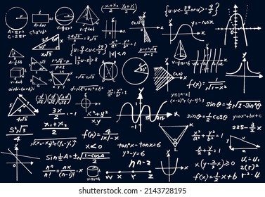 Hand drawn math formulas vector illustration isolated on black background.