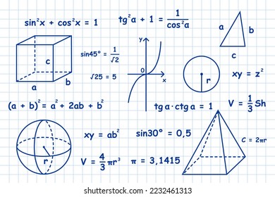 Hand drawn math, geometry, trigonometry symbols. Math symbols on notebook page background.