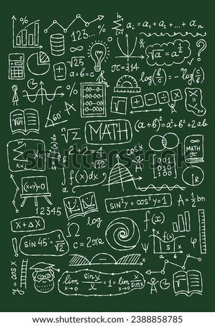 Hand drawn math science formulas on chalkboard background