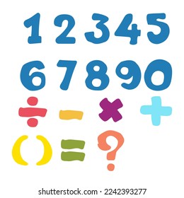 Hand drawn math signs, numbers and symbols in cartoon colors. vector illustration. objects isolated