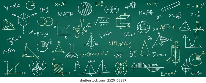 Sinal matemático desenhado à mão no quadro de giz. Gráficos e fórmulas, matemáticas, geométricas ou físicas rabiscar no quadro-negro, símbolos vetoriais neotéricos. Matemático com Formas de Linha Fina e Inscrições Round.