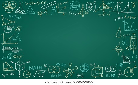 Handgezeichnete Mathematikschilder auf Kreidetafel. Grafik und Formel, mathematische, geometrische oder physikalische Doodle auf Tafel, neoterische Vektorsymbole. Mathematik mit dünnen Linien Formen und Inschriften rund.