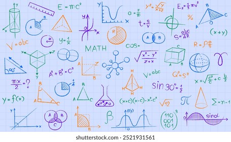 Hand drawn math signs on white board. Graphic and formula, mathematical, geometric or physic doodle on blackboard, neoteric vector symbols. Mathematical with Thin Line Shapes and Inscriptions Round.