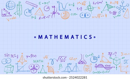 Handgezeichnete Mathematikschilder auf Whiteboard. Grafik und Formel, mathematische, geometrische oder physikalische Doodle auf Tafel, neoterische Vektorsymbole. Mathematik mit dünnen Linien Formen und Inschriften rund.