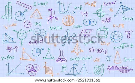 Hand drawn math signs on white board. Graphic and formula, mathematical, geometric or physic doodle on blackboard, neoteric vector symbols. Mathematical with Thin Line Shapes and Inscriptions Round.