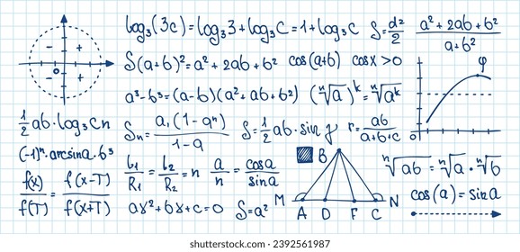 Dibujaron a mano símbolos matemáticos. Tablero de pizarra con ecuación y cálculos integrales, trigonometría y algebraicos. Conjunto aislado de vectores de matemáticas educativas a bordo de la ilustración