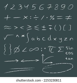 Hand drawn math symbols. Numbers, signs, letters, algebra and geometry. Vector illustration for graphic design