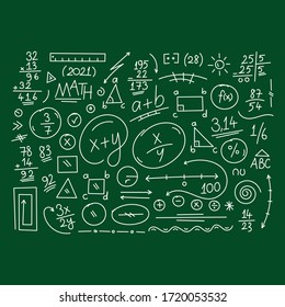 hand drawn math symbols. math symbols on green background. sketch math symbols