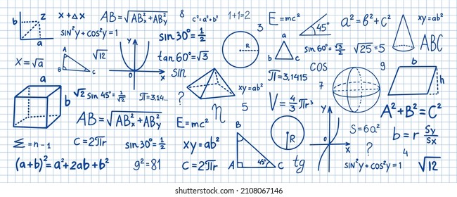 Hand drawn math symbols. Math symbols on notebook page background. Sketch math symbols. - Shutterstock ID 2108067146