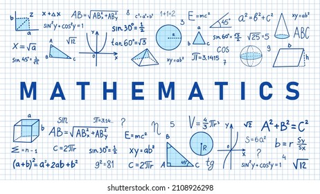 Hand drawn math symbols. Math symbols on notebook page background. Sketch math symbols.