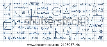 Hand drawn math symbols. Math symbols on notebook page background. Sketch math symbols. Foto d'archivio © 