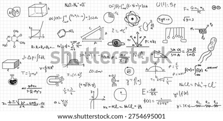 Hand drawn math symbols. Math symbols on notebook page background. Sketch math symbols. Physics. Chemistry.  Eps10 vector illustration.