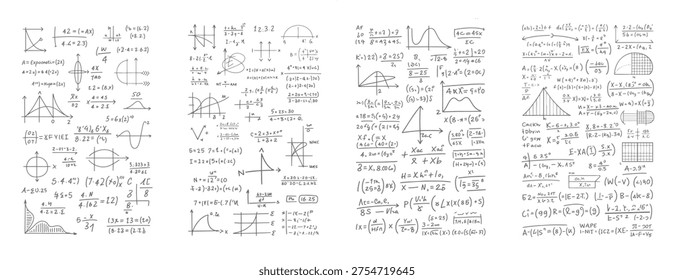 Hand drawn mathematical formulas and graphs on white background with various equations and diagrams mathematics