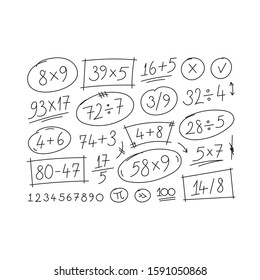 hand drawn mathematical operations. addition, division, subtraction, multiplication examples. hand drawing mathematical expressions