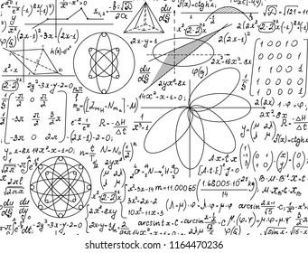 Hand drawn mathematical vector seamless pattern with algebra formulas, equations and geometry figures  handwritten on white paper