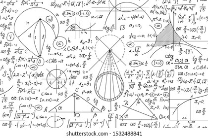 Hand drawn mathematical vector seamless pattern with handwritten algebra formulas, equations and geometry figures