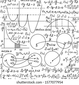 Hand drawn mathematical vector seamless pattern with algebra formulas, equations and geometry figures, handwritten on white paper