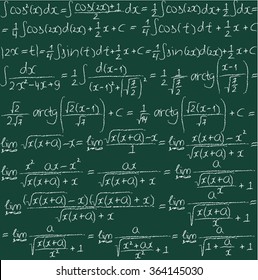Hand drawn mathematical vector seamless pattern with trigonometrical formulas and integrals. Chalk on a blackboard.