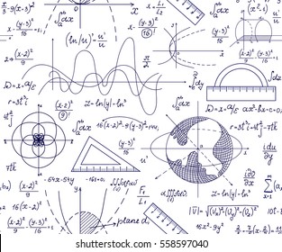 Hand drawn mathematical vector seamless pattern with handwritten algebra formulas, equations and geometry figures on white paper