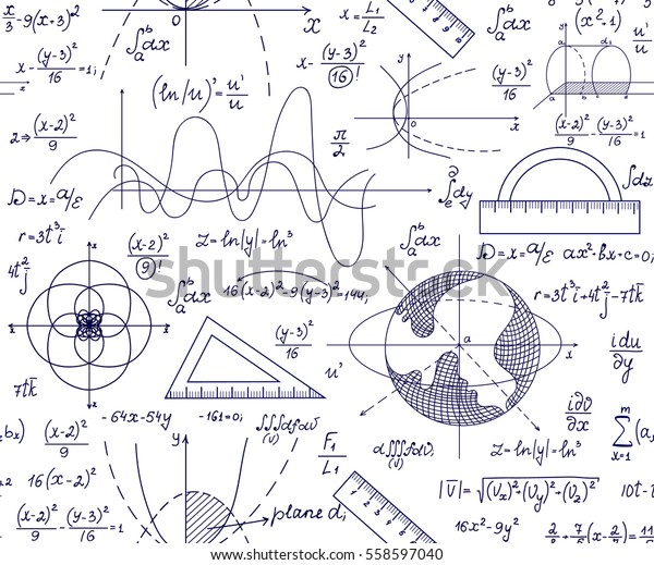 手绘数学矢量无缝图案 手写代数公式 方程式和几何图形在白皮书上库存矢量图 免版税