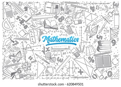 Hand drawn Mathematics doodle set background with blue lettering in vector