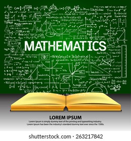 Hand drawn mathematics on chalkboard with opened book.