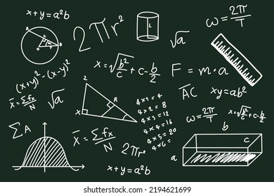 Hand drawn mathematics and science symbols pattern on dark green background 