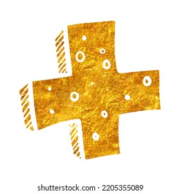 Hand drawn mathematics symbol plus sign in gold foil texture vector illustration