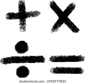 Hand drawn mathematics symbols. Vector illustration. Plus, minus, division and equal sign. Symbol brush stroke.