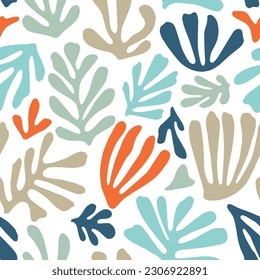 Hand drawn matisse inspired seamless pattern in pastel colors. Organic shape plant elements, simple branch silhouettes with leaves, algae. Contemporary organic shapes branches colored seamless pattern