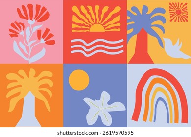 Hand drawn Matisse ocean design. Modern elements in trendy minimalist style. Abstract tropical plants sun rainbow collage in colorful vibrant illustration
