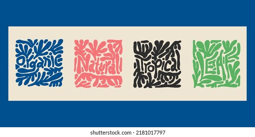 Hand Drawn Matisse Style Organic, Natural, Tropical, Leafy Written Leaf Set