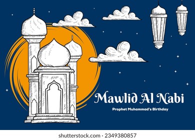 hand drawn mawlid al nabi background illustration with mosque, clouds, and lanterns